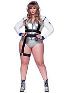 Female space traveler, teddy costume, long sleeves, hood, front zipper, plus size